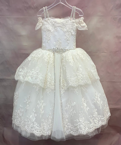 Evana Silk & Metallic lace top with Rhinestone straps two tier lace skirt with split tulle & rhinestone accented skirt