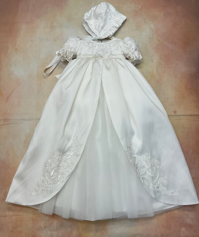 Macis Silk Christening Gown with lace top tulle & silk overlay skirt matching bonnet