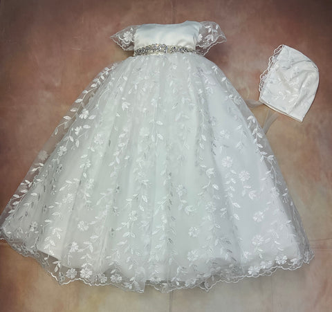 Adele Christening gown by Nan & Jan Diamond white floral lace & accented waistline with rhinestone pearl belt matching bonnet
