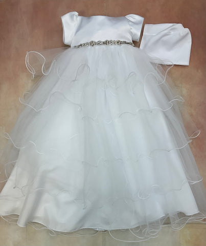 Anna Christening gown by Nan & Jan White satin & tulle Rhinestone accented belt simple bonnet