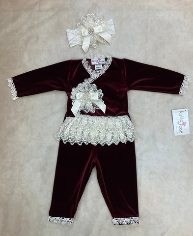 Gianna two piece holiday velvet set wine/cream lace accent beautiful