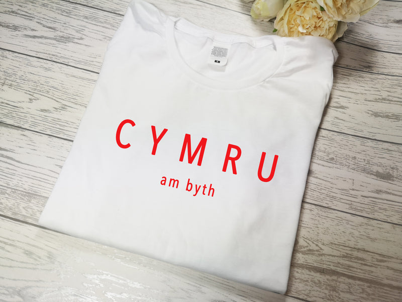 Custom Welsh Women's White t-shirt CYMRU am byth with choice of colour detail