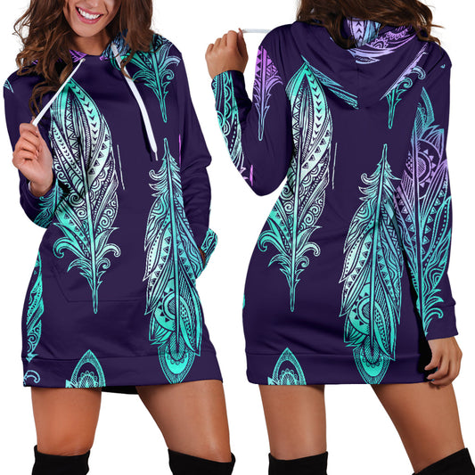 Neon Feathers Womens Hoodie Dress