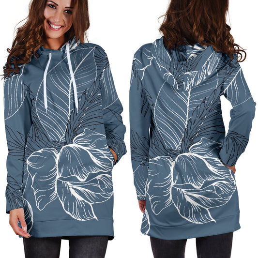 Grey Floral Outline Womens Hoodie Dress