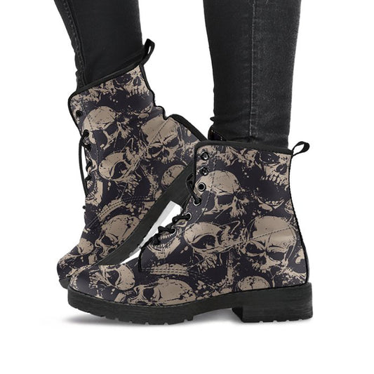 Abstract Skulls Womens Boots Fashion Combat Boots, Vegan Leather Boots, Custom Shoes, Custom Boots, Cool Shoes