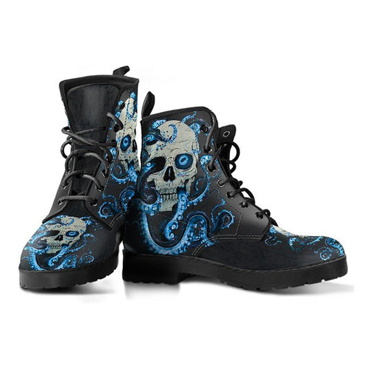 Blue Skull & Octopus Womens Boots, Fashion Combat Boots, Vegan Leather Boots, Custom Shoes, Custom Boots, Cool Shoes