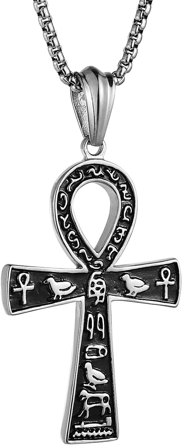 HZMAN Stainless Steel Large Ankh Cross Pendant Ancient Egyptian Hieroglyphic Symbol 22+2 Inch Chain