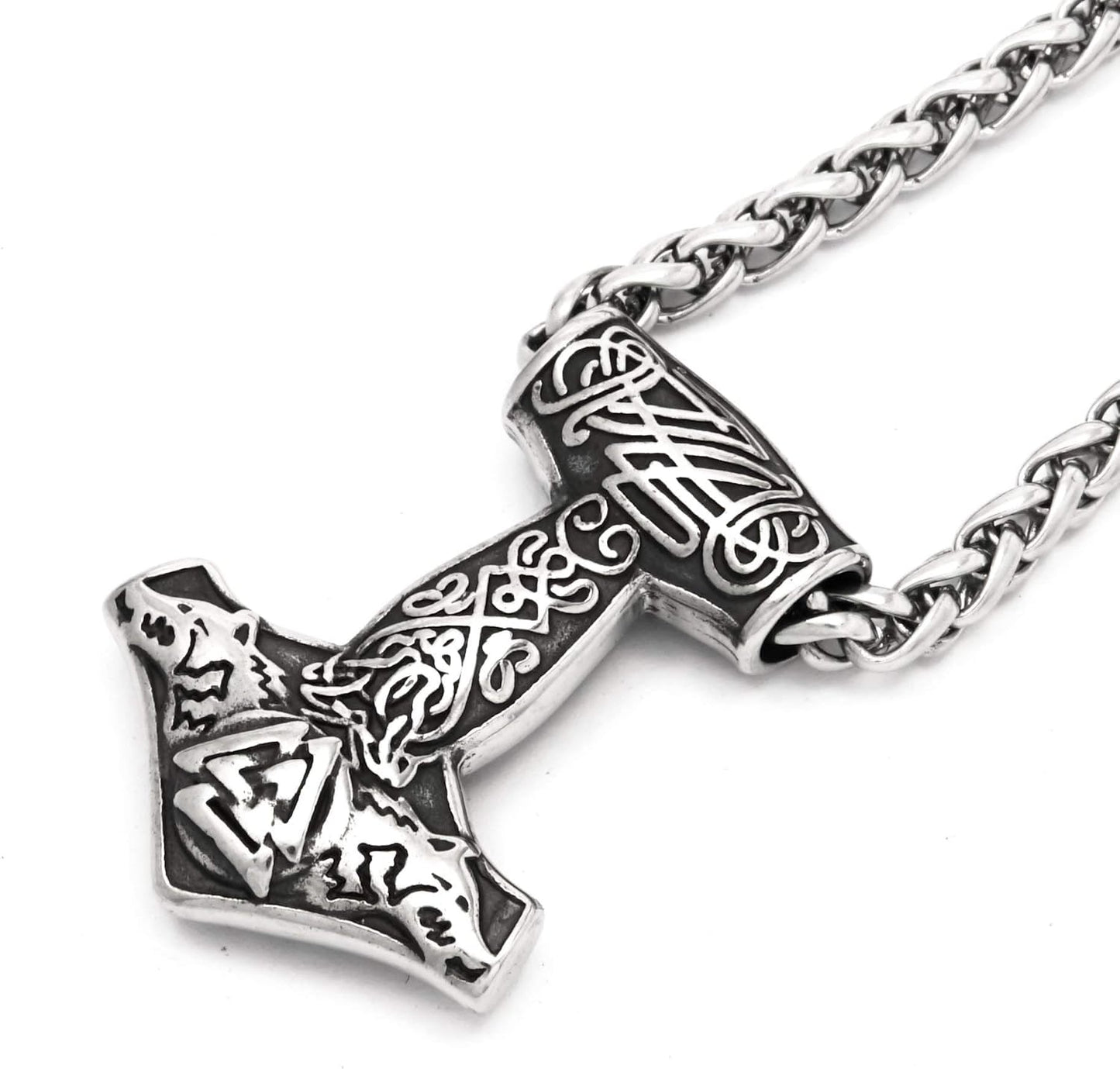 Bavipower Norse Thor Hammer Necklace For Men Mjolnir Pendant Double Wolf Head Fenrir Stainless Steel Keel Chain Viking Jewelry