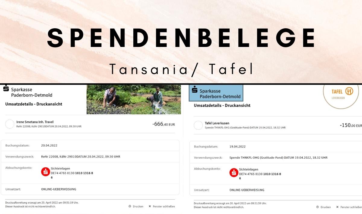 Spendenbeweise Thankful an die Tafel Leverkusen und das Travel and Tree Projekt in Tansania
