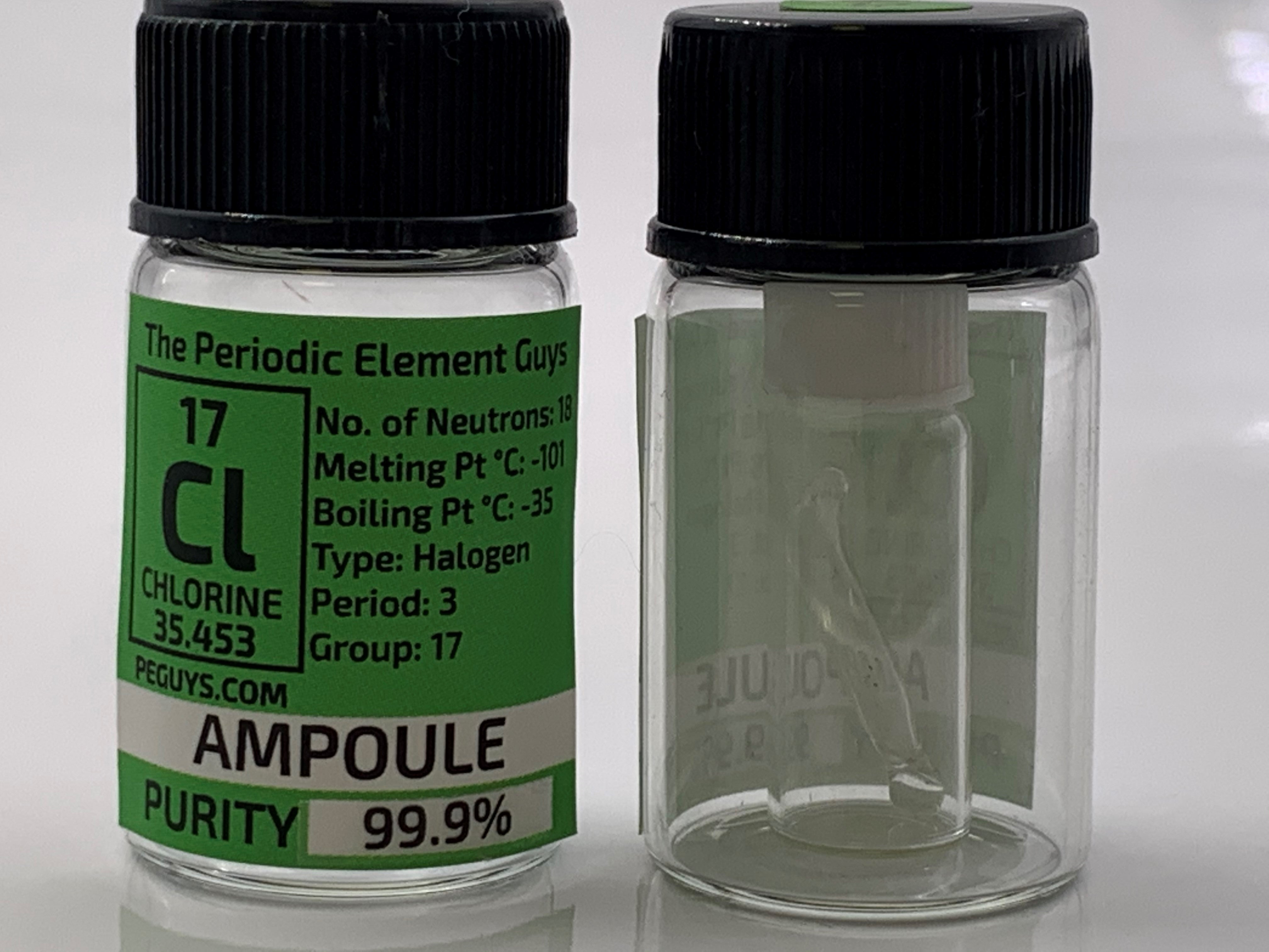 Tiny Chlorine Gas Ampoule in labeled glass bottle