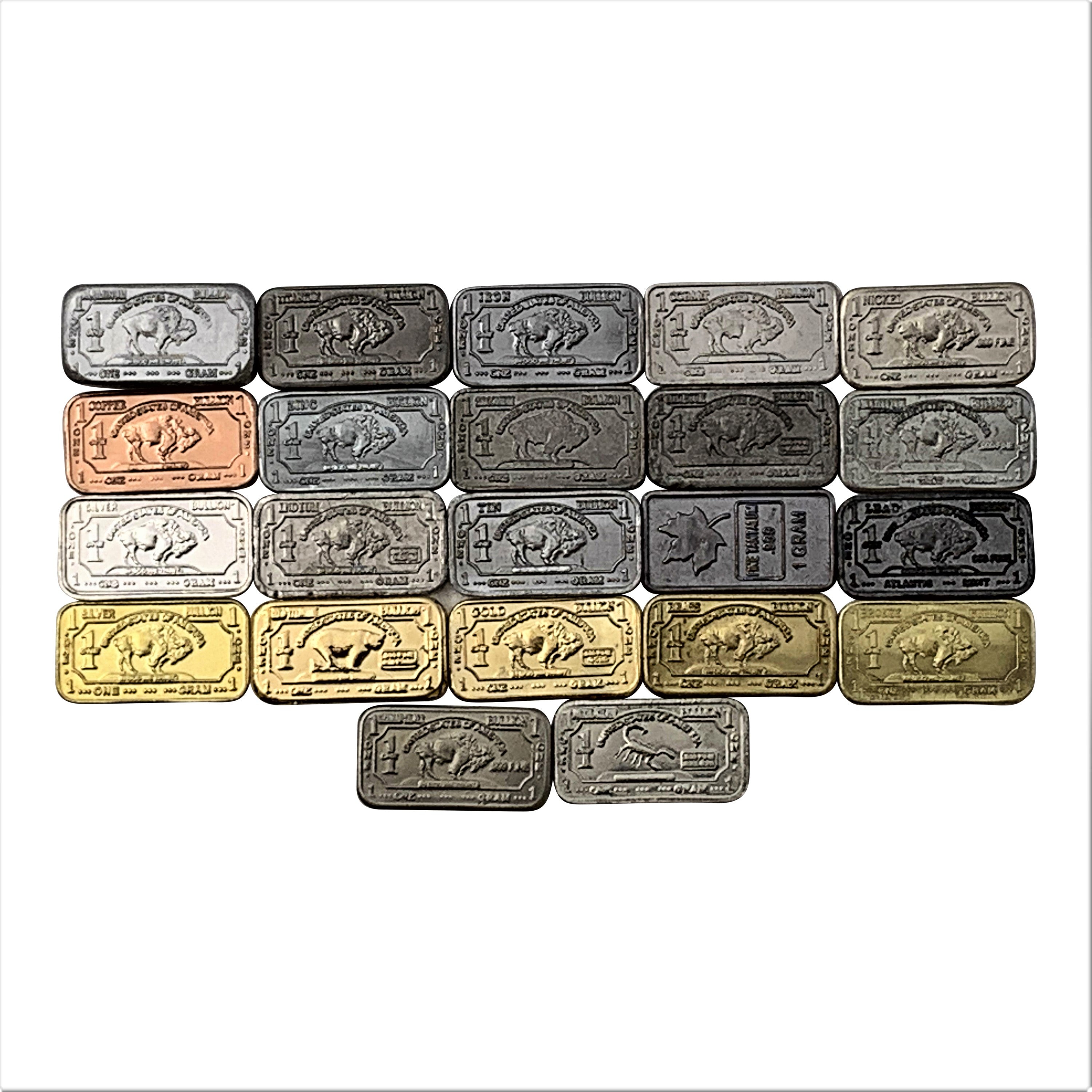 The New Full Monty 22 x 1 gram Bullion\Buffalo Metal Ingot Set. Includes Tantalum Indium Niobium++