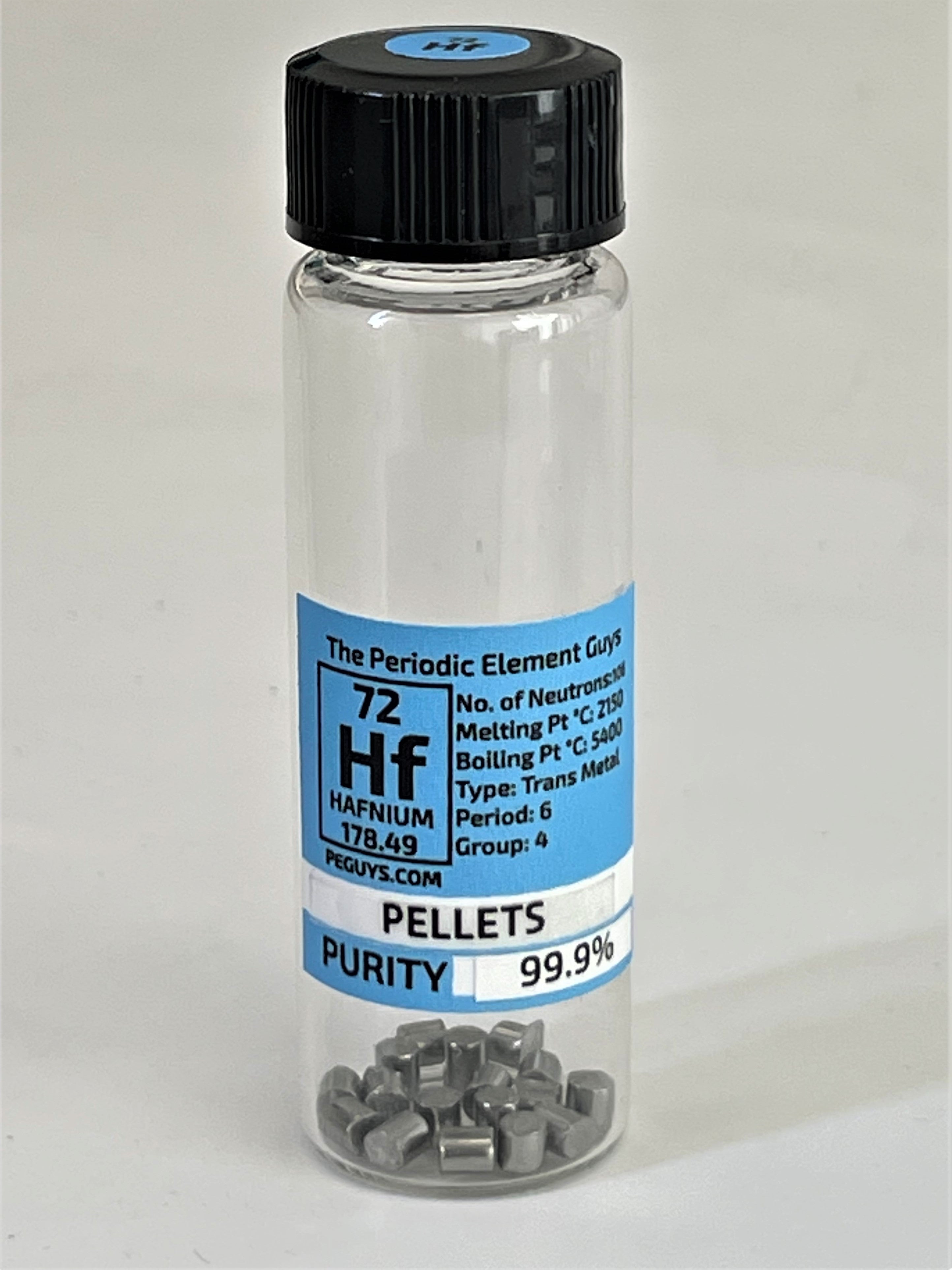 Hafnium Metal Pellets 5 Grams 99.9% in our new "Stand Tall" Glass Vials.