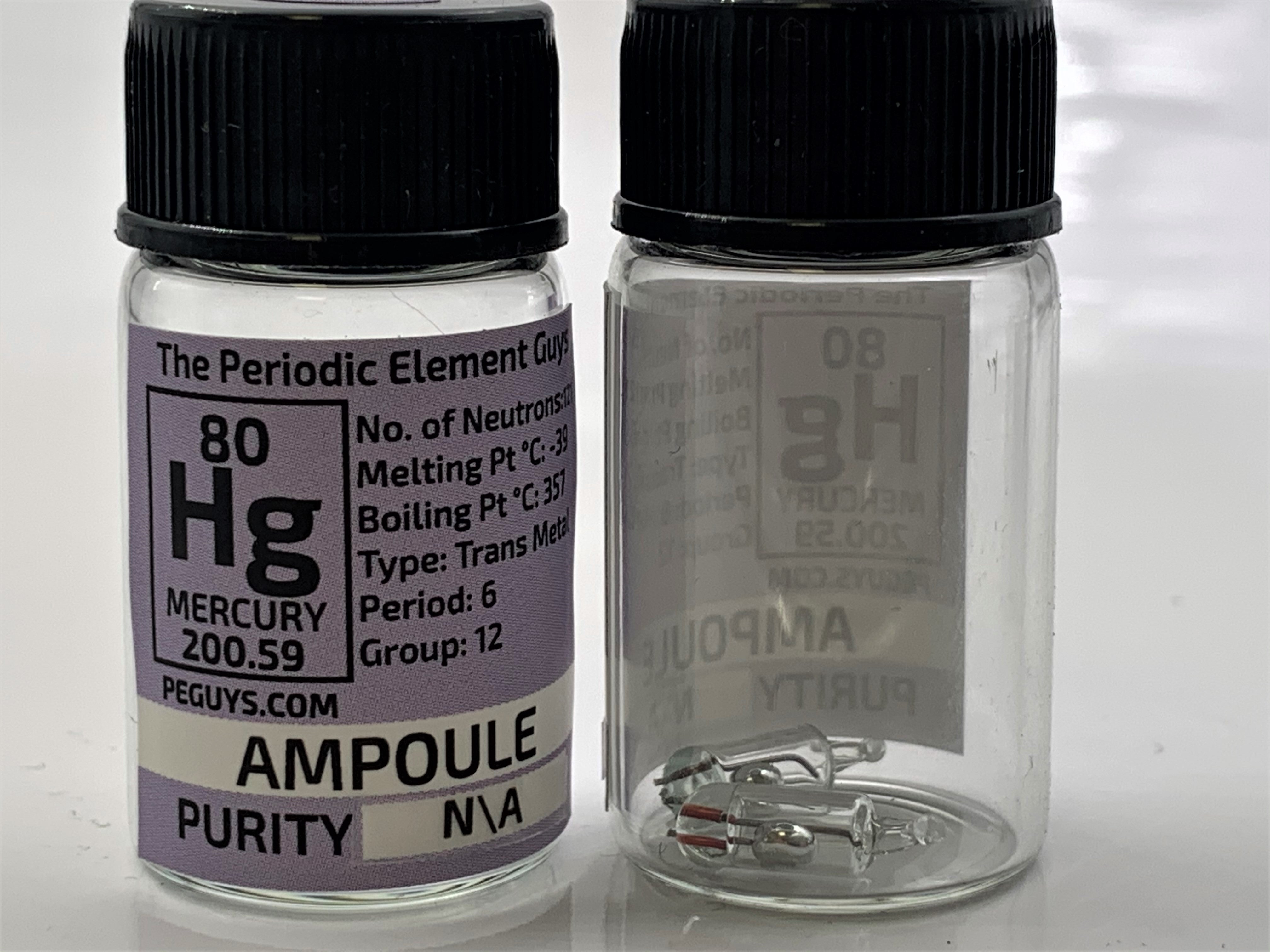 2 tiny Mercury ampoules in a labeled glass bottle