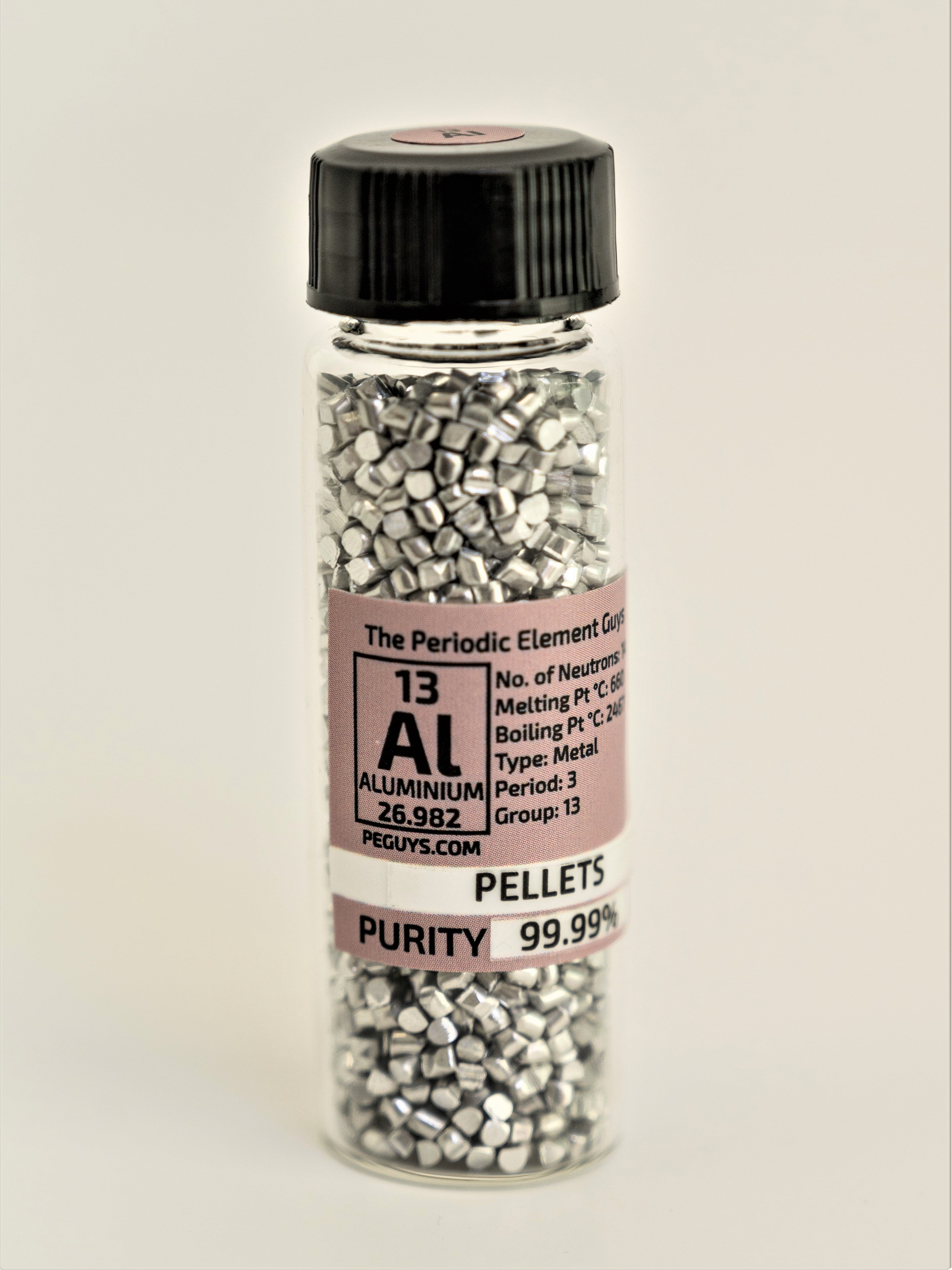 Aluminum Pellets 1 Oz, 31 Grams. 99.99%  in New Stand Tall Glass Vial.