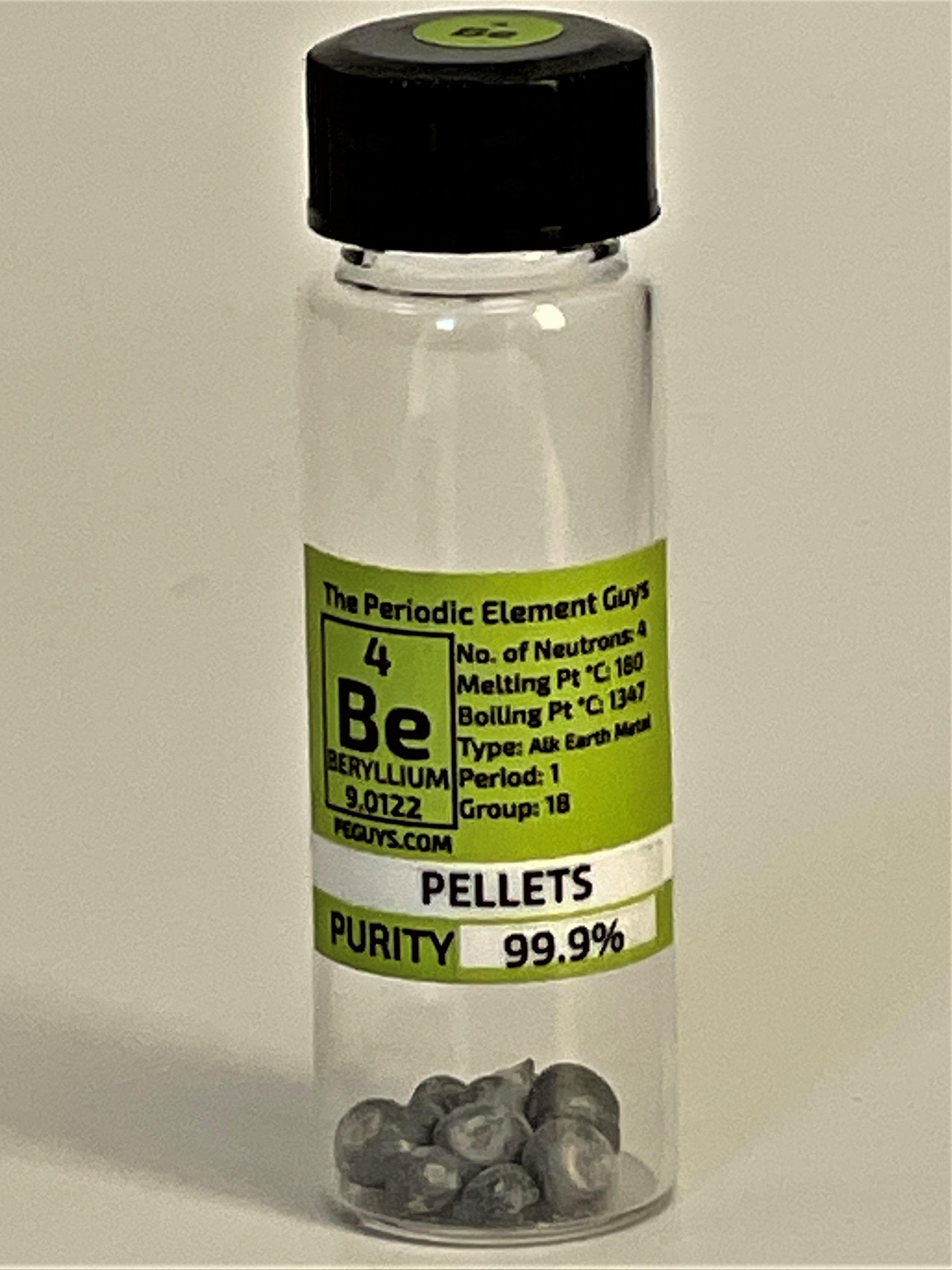 Beryllium Metal Element Sample - 2 grams Pellets - Purity: 99.9% in new tall glass Vial.