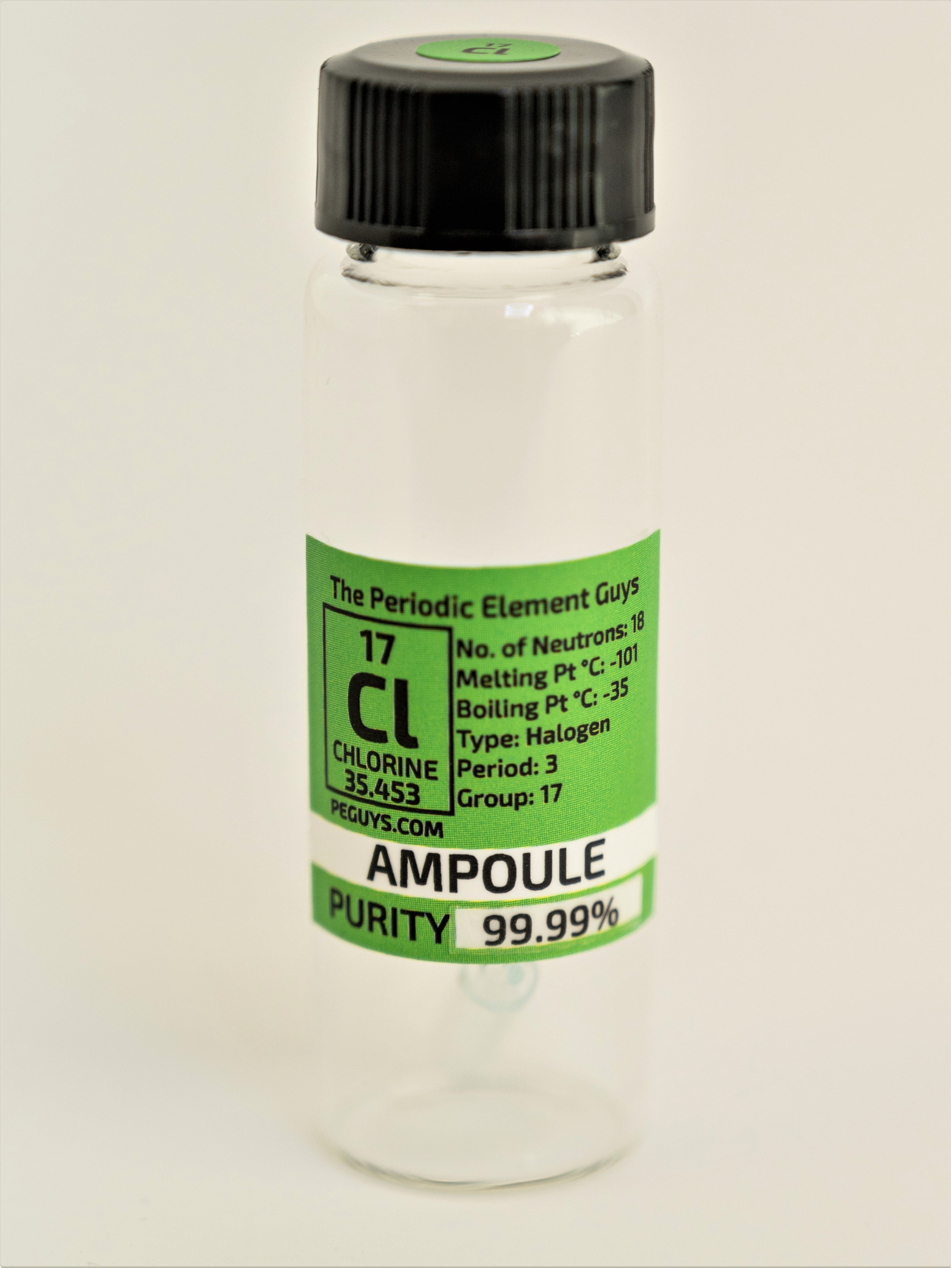 Low Pressure Chlorine Gas Ampoule 99.99% In our new Stand Tall Glass Vials