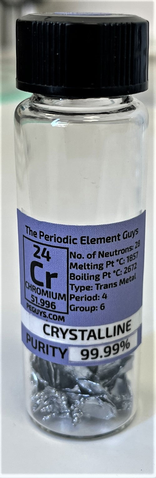 Chromium Metal Crystalline 10 Grams 99.9% in our new "Stand Tall" Glass Vials.