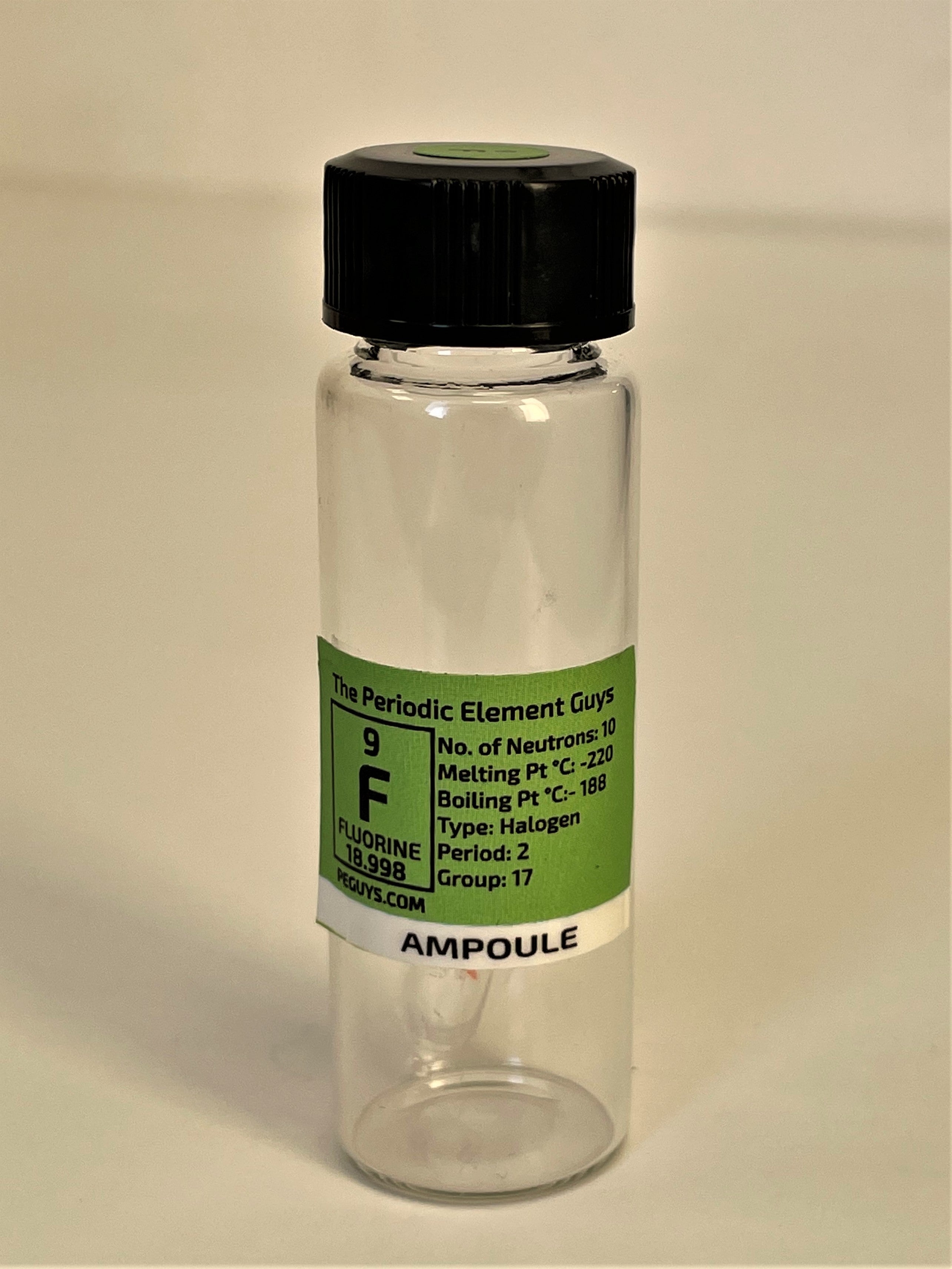 Fluorine Low Pressure Gas Ampoule in New " Stand Tall Glass Vial"