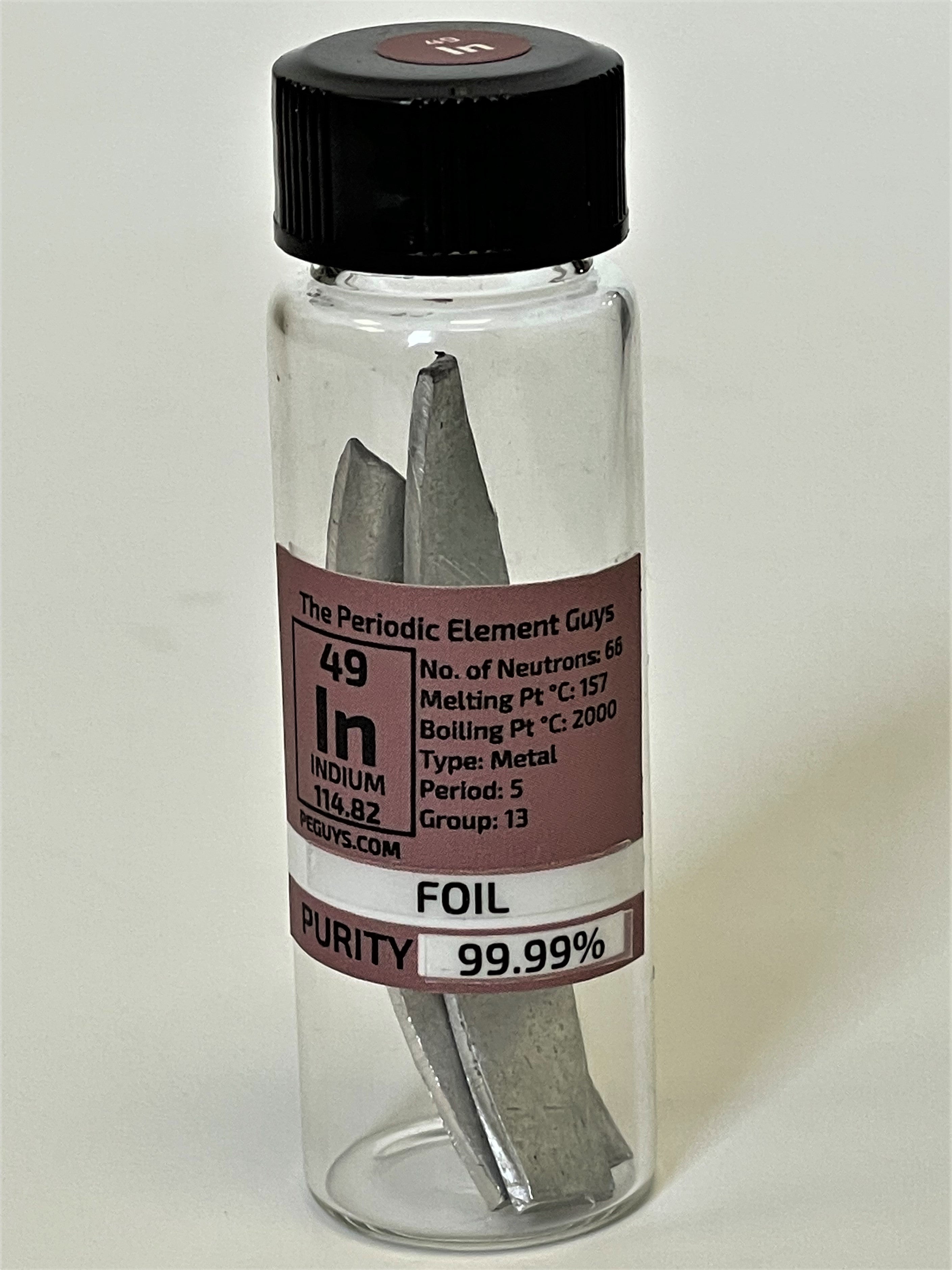 Indium Metal Foil 10 Grams, 99.99% Pure in our new "Stand Tall" Glass Vial.