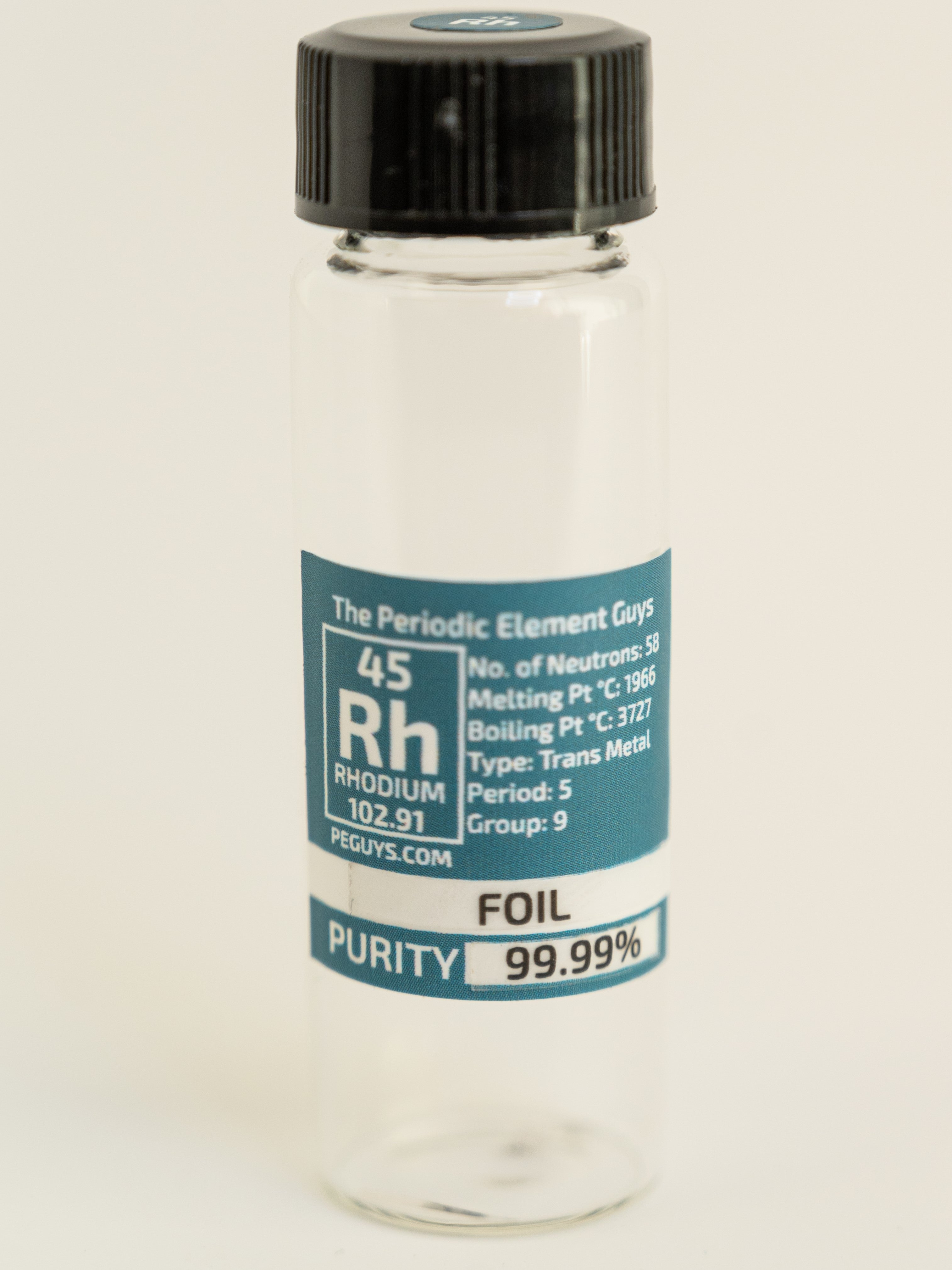 Rhodium Metal Foil 5mm x 1mm sample 99.99% Pure in our new "stand Tall" Glass Vial.