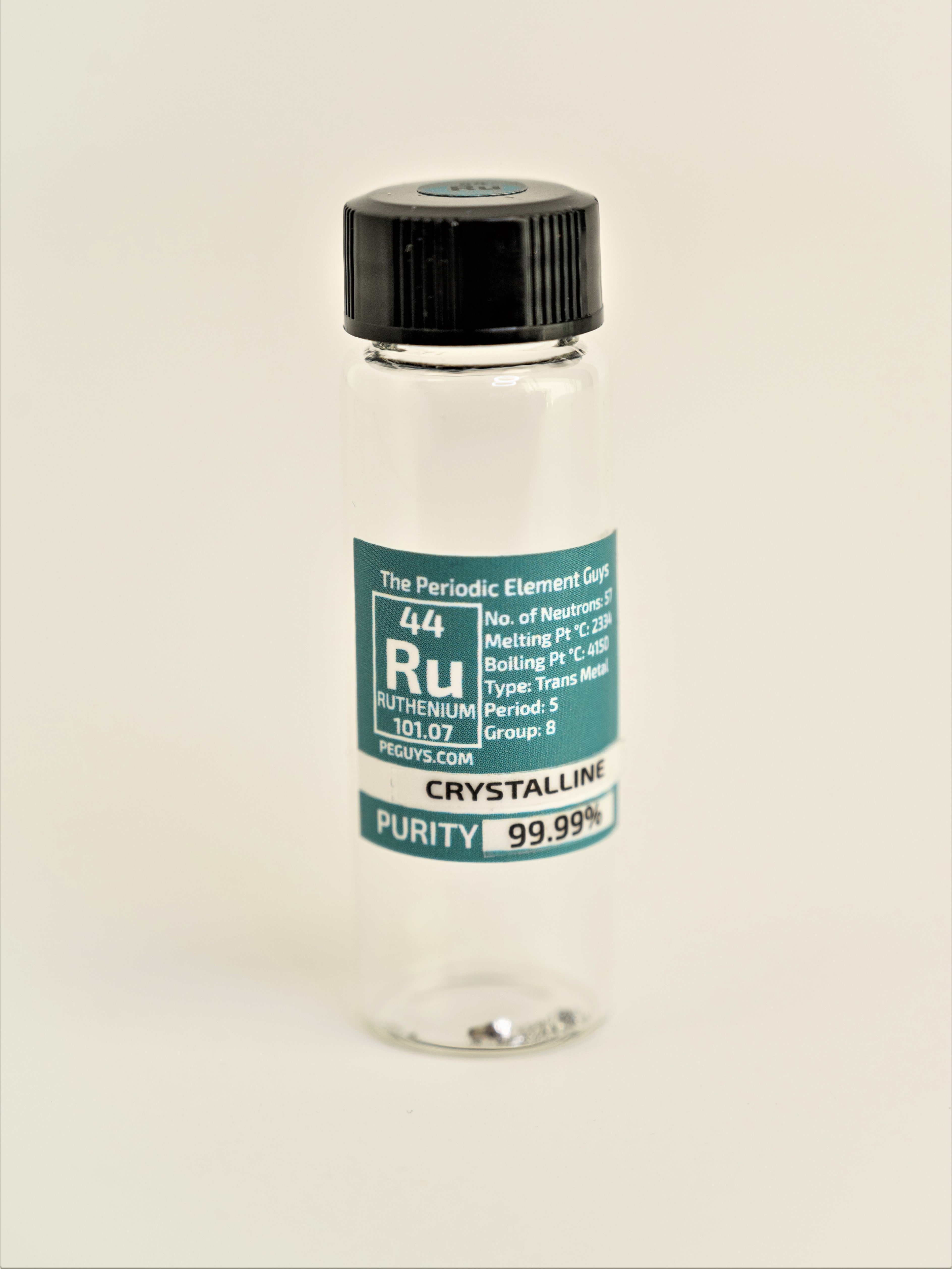 Ruthenium tiny Crystals 1/4 Gram 99.99% Pure in our new "stand Tall" Glass Vial.