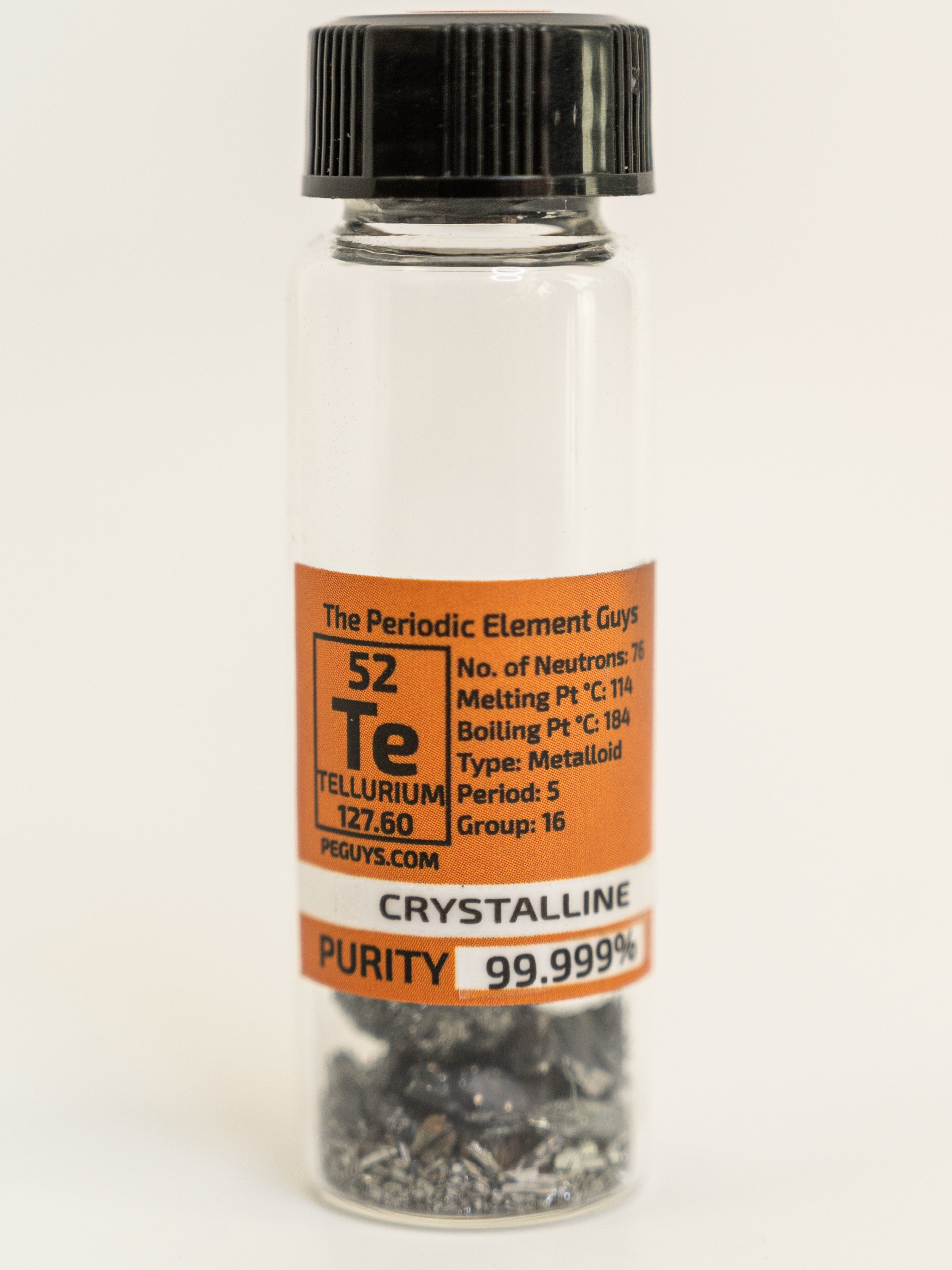 10 Grams of pure 99.999% Tellurium Crystal Pieces in our new "Stand Tall" Glass Vials.