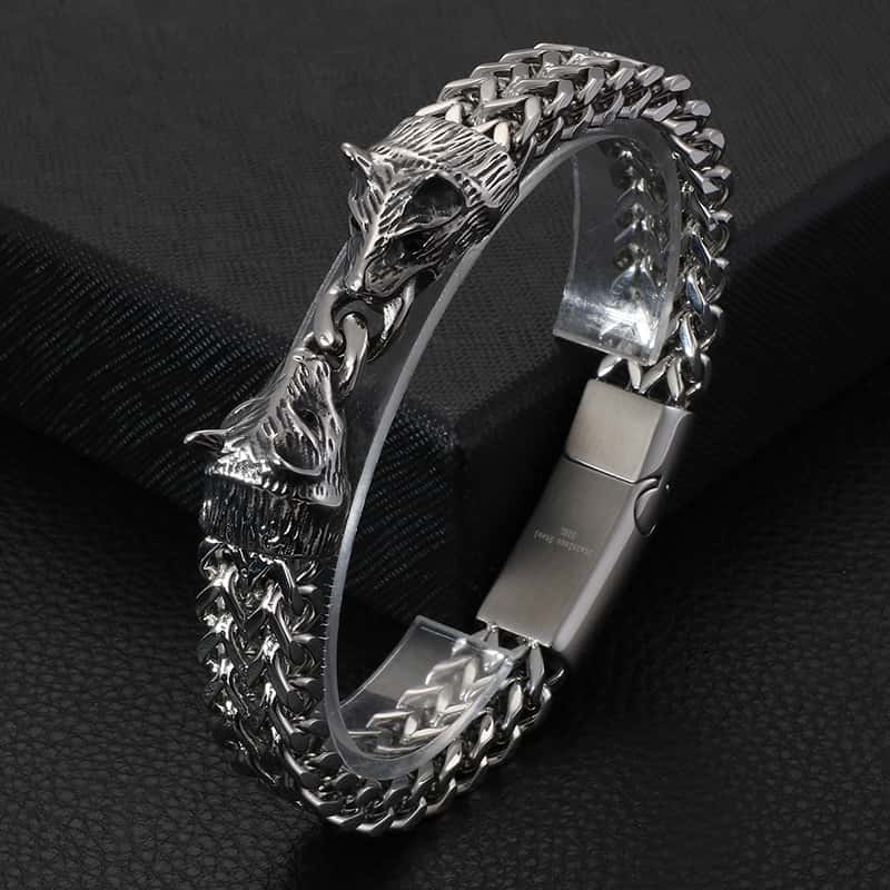 anger forest wolf head bracelet in silver
