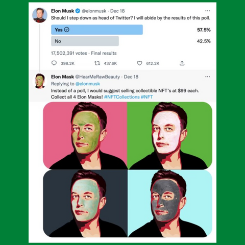 HEAR ME RAW mocking the Trump NFT idea as Elon Mask on Twitter