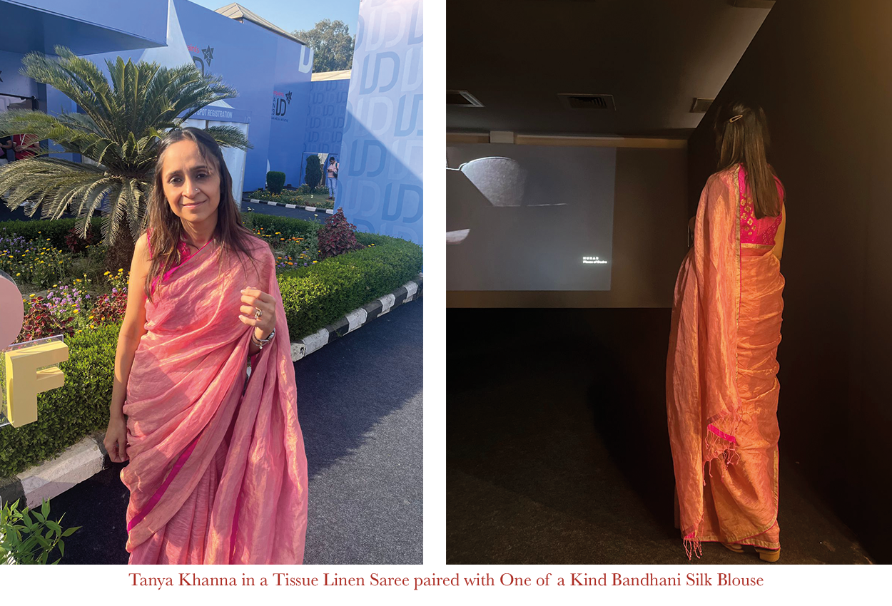 Tanya Khanna in a Tissue Linen Saree paired with One of a Kind Bandhani Silk Blouse