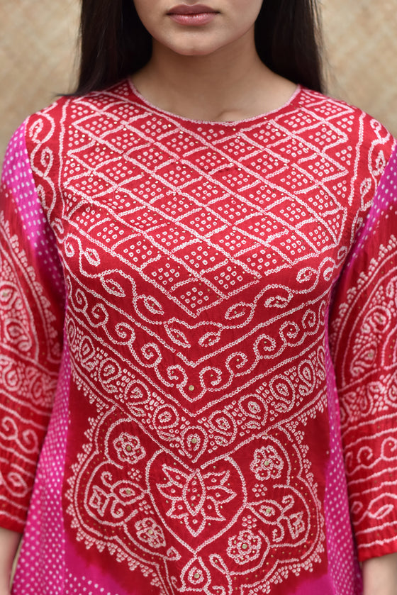 Intricate Bandhani on Gaji Silk Kurta - Fushcia and Red
