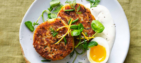 Cheese and Chive Potato Cakes with Lemon Yogurt and a Runny Egg