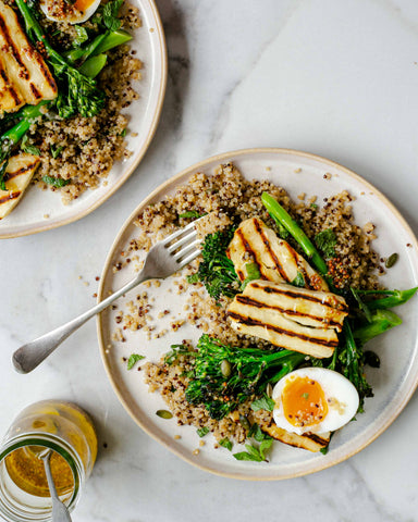 grilled halloumi and purple-sprouting broccoli salad