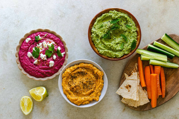 A trio of plant-based dips and veg