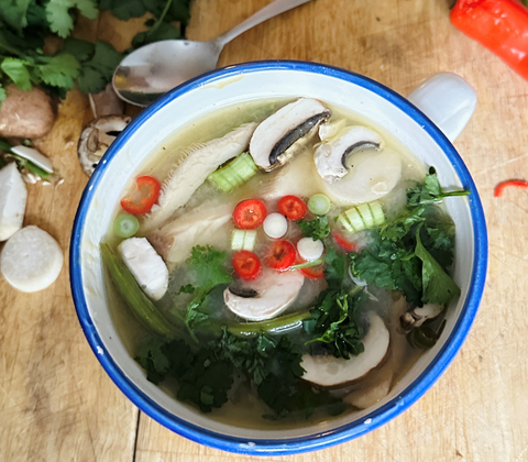 Mushroom Miso Tom Yum with Green Beans by Lizzie King