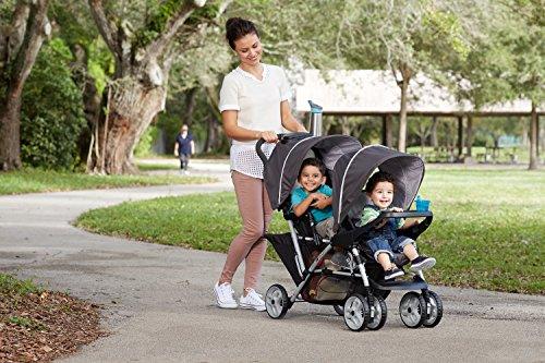 The Graco SnugRide Click Connect Tandem Double Stroller is a versatile and convenient option for parents with two children. With a weight of 29.5 pounds, a length of 36 inches, a width of 20.5 inches, and a height of 41 inches, this stroller is built to accommodate two children up to 40 pounds each. The front swivel wheels are lockable and have suspension for superior maneuverability, making it easy to navigate through tight spaces. The stroller also features a parent tray with storage and two deep cup holders for on-the-go convenience.