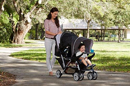 The Graco SnugRide Click Connect Tandem Double Stroller is designed with both the parent and child in mind. The one-hand, standing fold closes easily with no bending necessary, freeing up one hand for baby. The drop-down storage basket provides easy access to essentials without disturbing a reclined child. The double stroller also offers individual reclining seats with canopies and footrests for each child’s comfort. Rear seat reclines completely flat when baby is ready for nap time. Additionally, this stroller accepts two Graco SnugRide Click Connect infant car seats for added convenience.