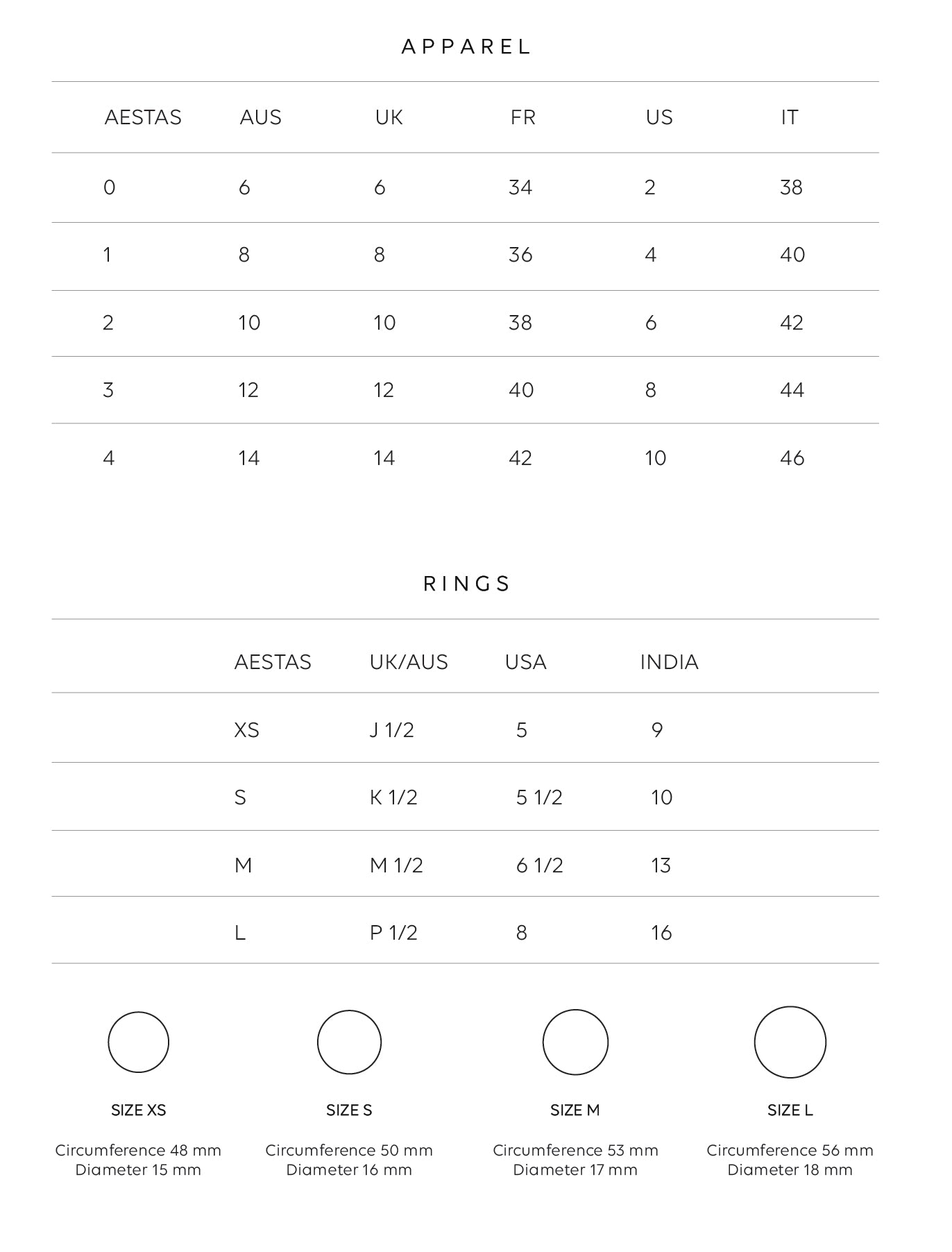 Size guide for apparel and rings by Aestas