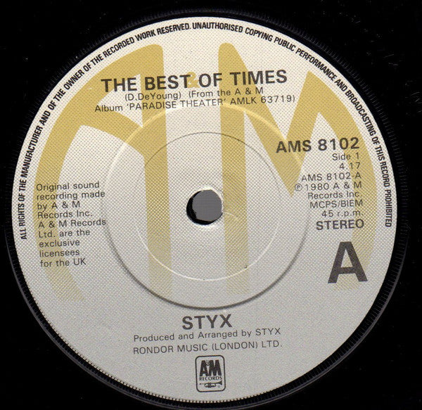 Styx : The Best Of Times (7, Single, Etch) 4