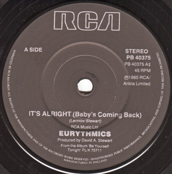Eurythmics : Its Alright (Babys Coming Back) (7, Single) 2
