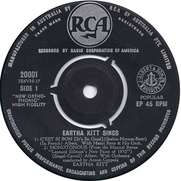Eartha Kitt With Henri René And His Orchestra : Eartha Kitt Sings (7, EP) 2