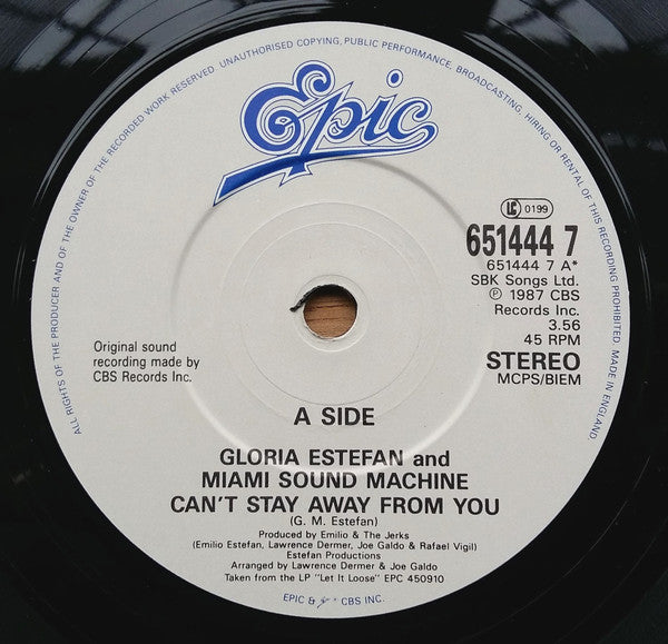 Miami Sound Machine : Cant Stay Away From You (7, Single, Whi) 2