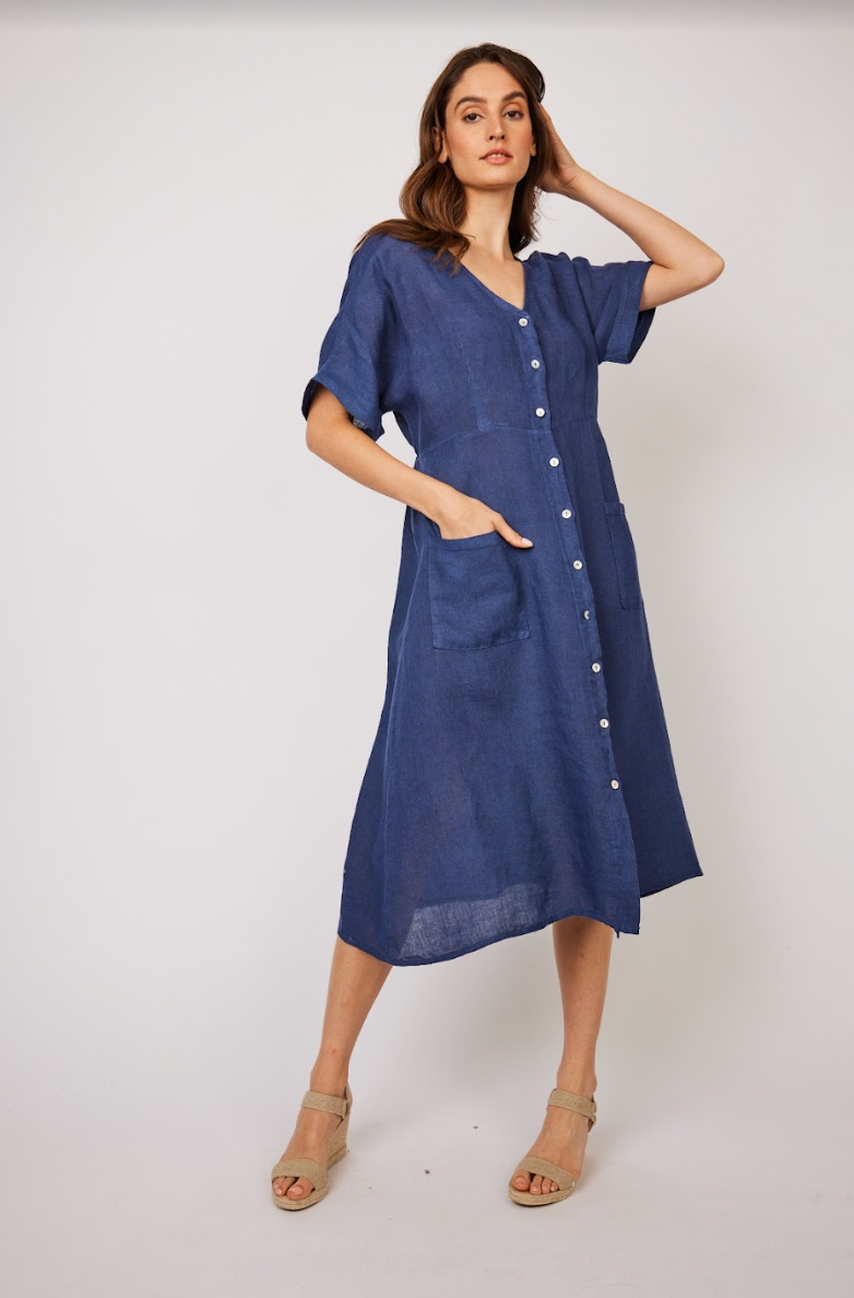 Pistache - Bunched Top Linen Dress - Safari