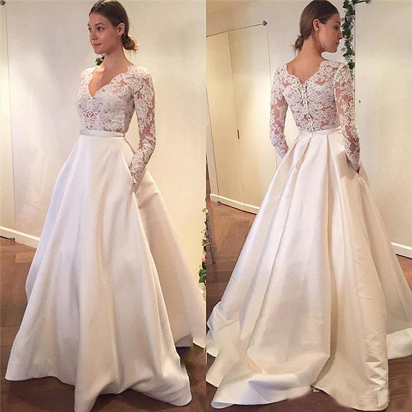 V Neck Simple Long Sleeve Wedding Dresses Plus Size - Bridelily