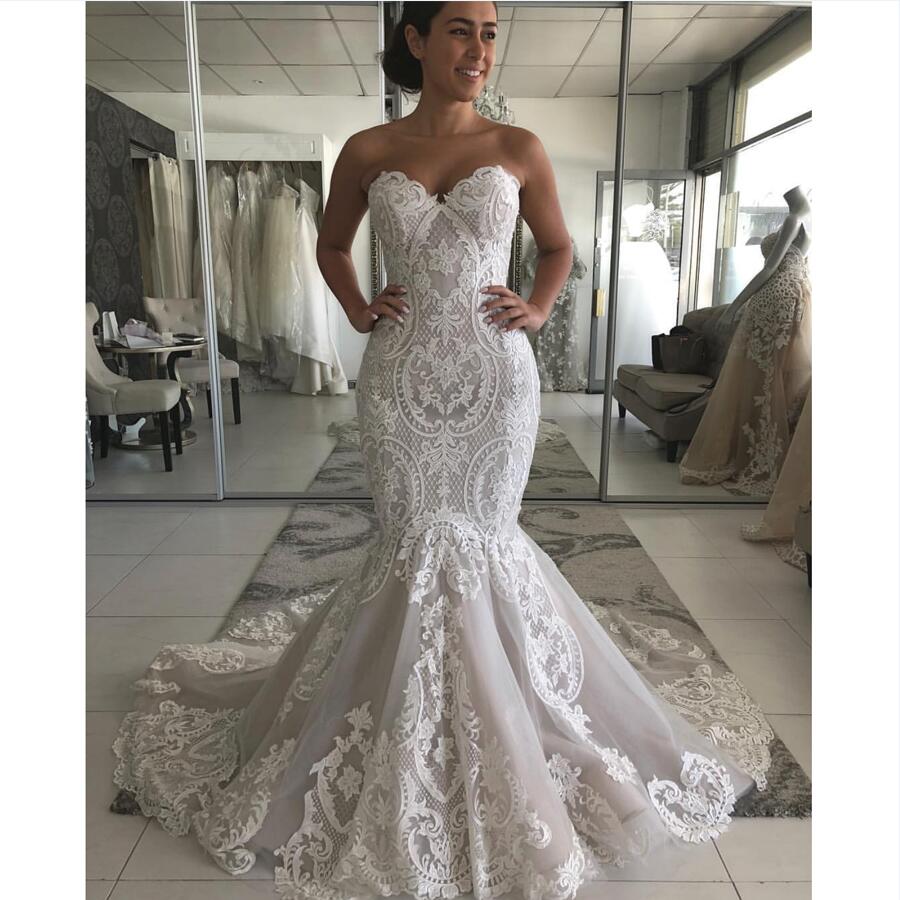 Sweetheart Lace Covered Button Mermaid Wedding Dresses with Lace