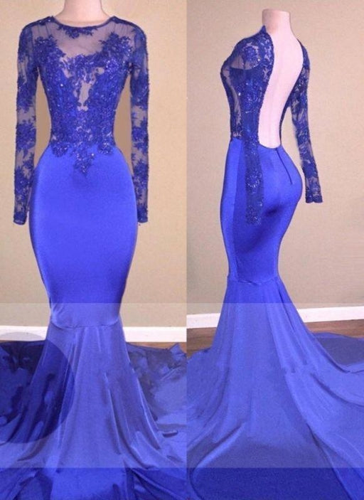 Shiny Royal Blue Sequin Long Sleeves Sheer Mermaid Prom Gown