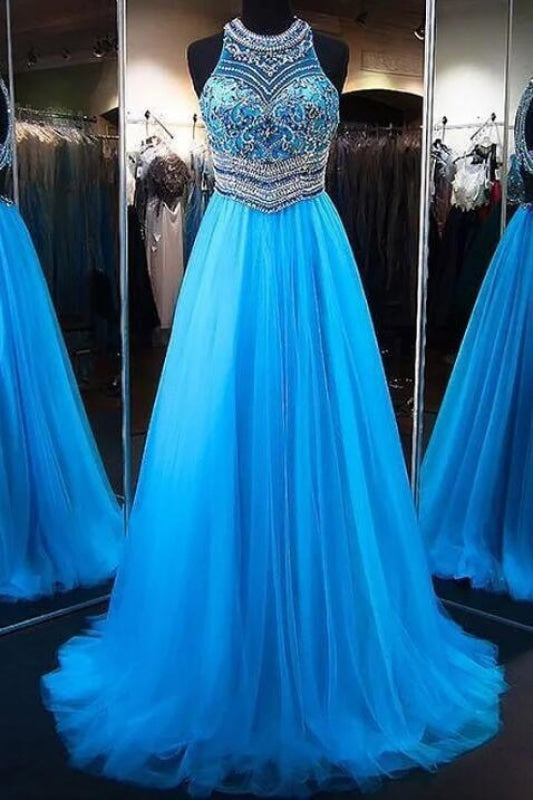 A-Line Blue Jewel Elegant Red Ball Gown Prom Dress - Bridelily