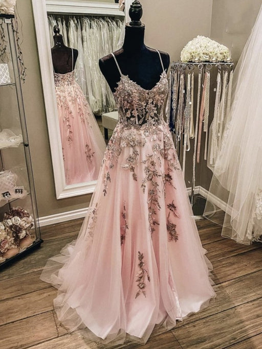 White Lace Overlay Blushing Pink A-line Prom Dress - Promfy