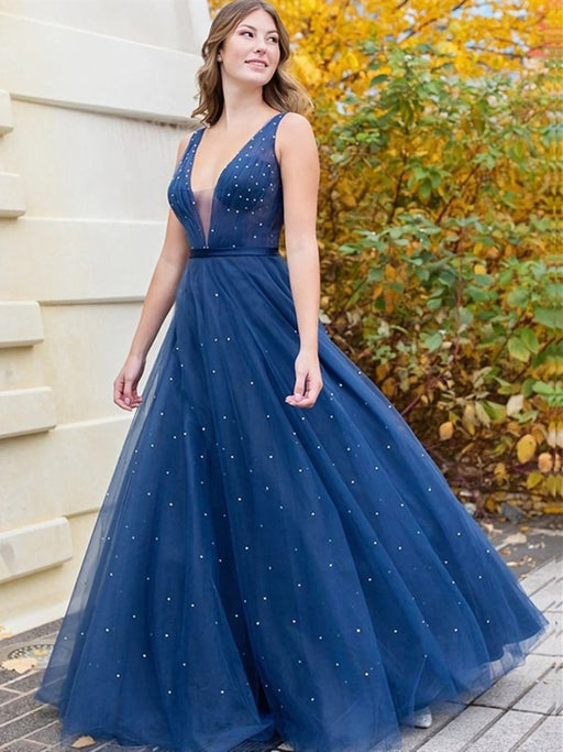 Shiny V Neck Navy Blue Long Prom Dresses, Sparkly Navy Blue Formal Eve —  Bridelily