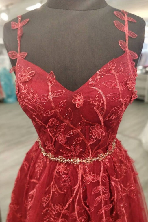 V Neck Burgundy Lace Long Prom Dresses with Slit, Burgundy Lace