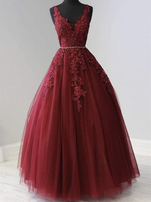 V Neck Burgundy Lace Long Prom Dresses with Slit, Burgundy Lace